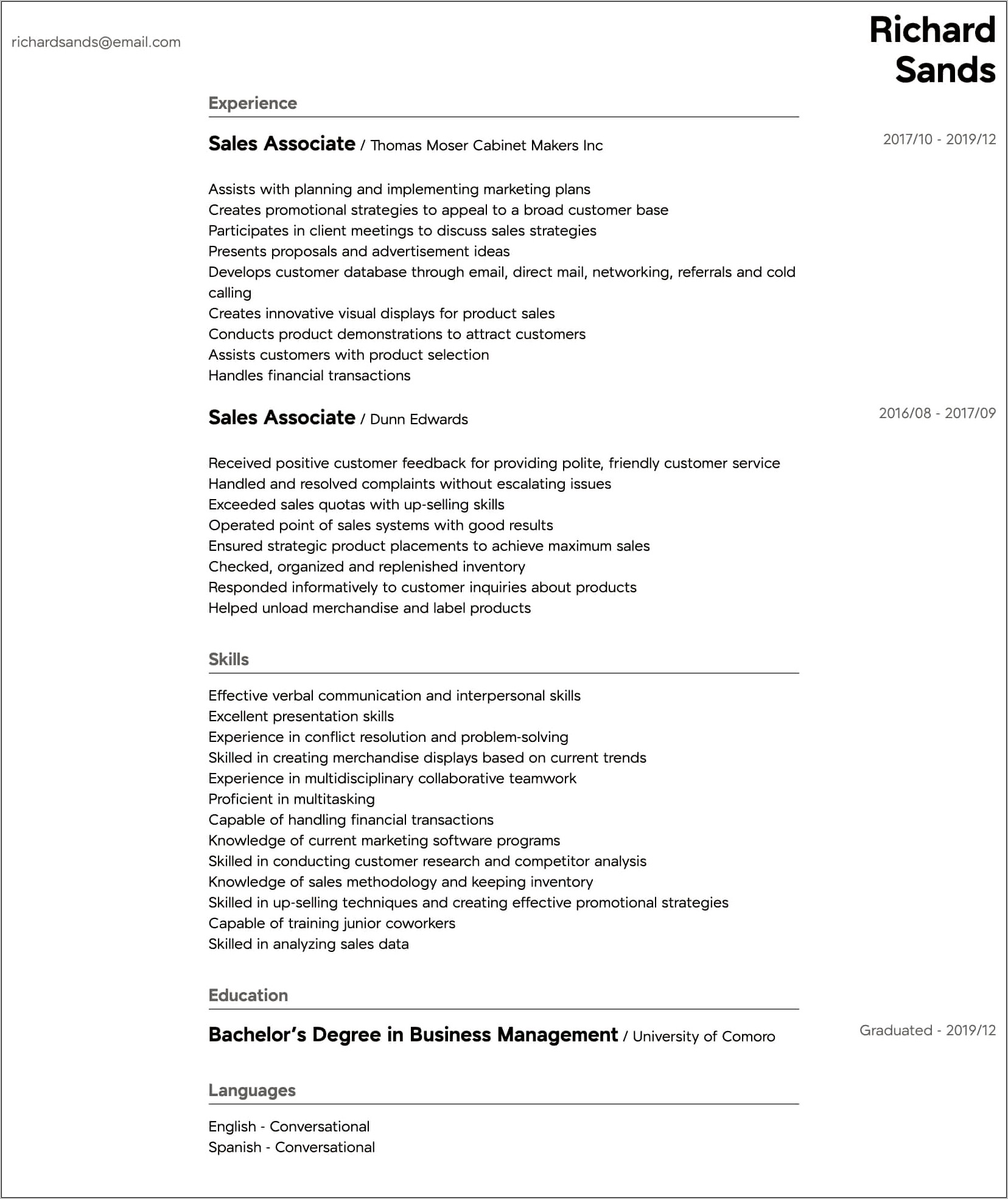 Sales Associate Skills For A Resume
