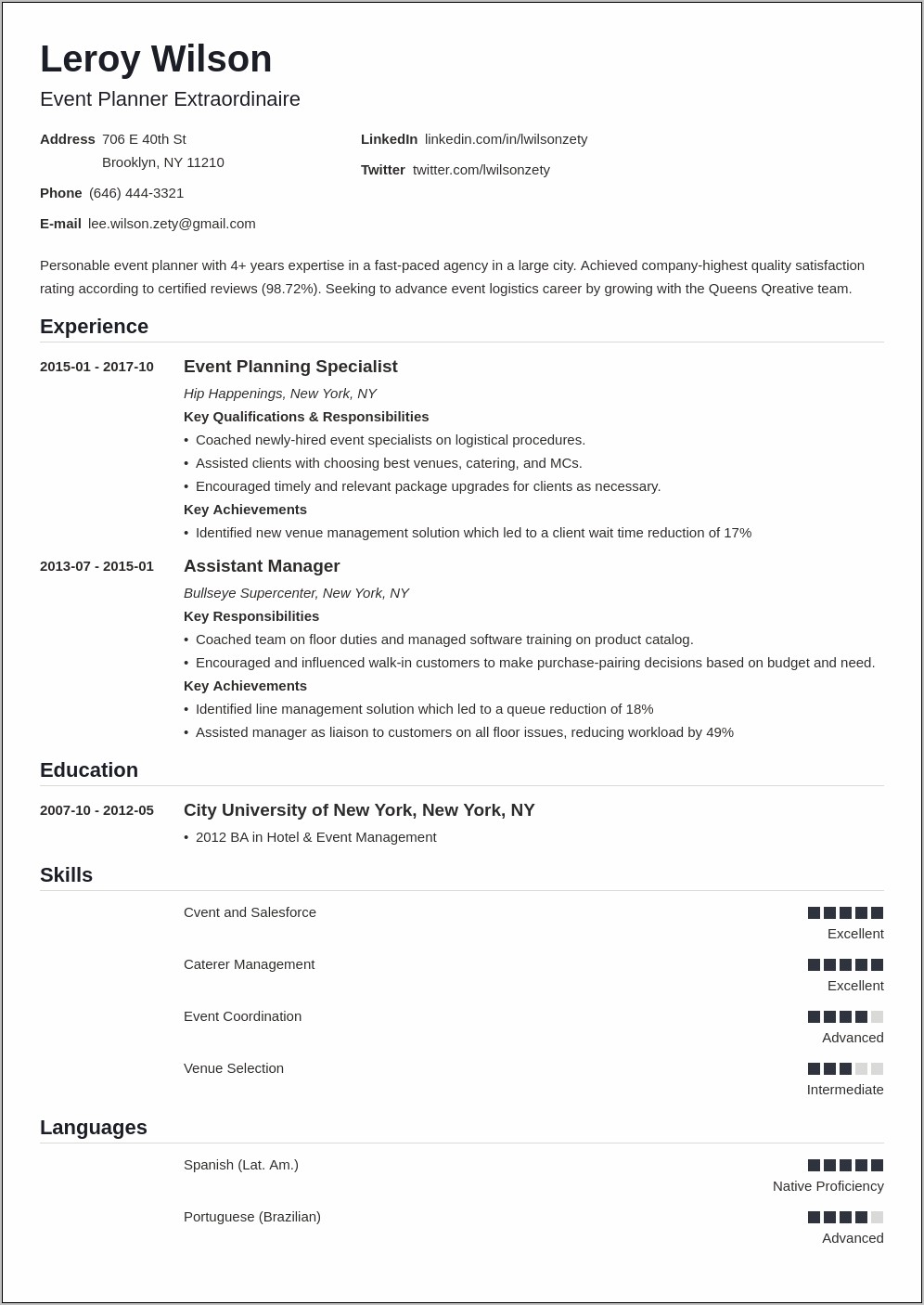 Sales Marketing And Event Manager Resume Summary