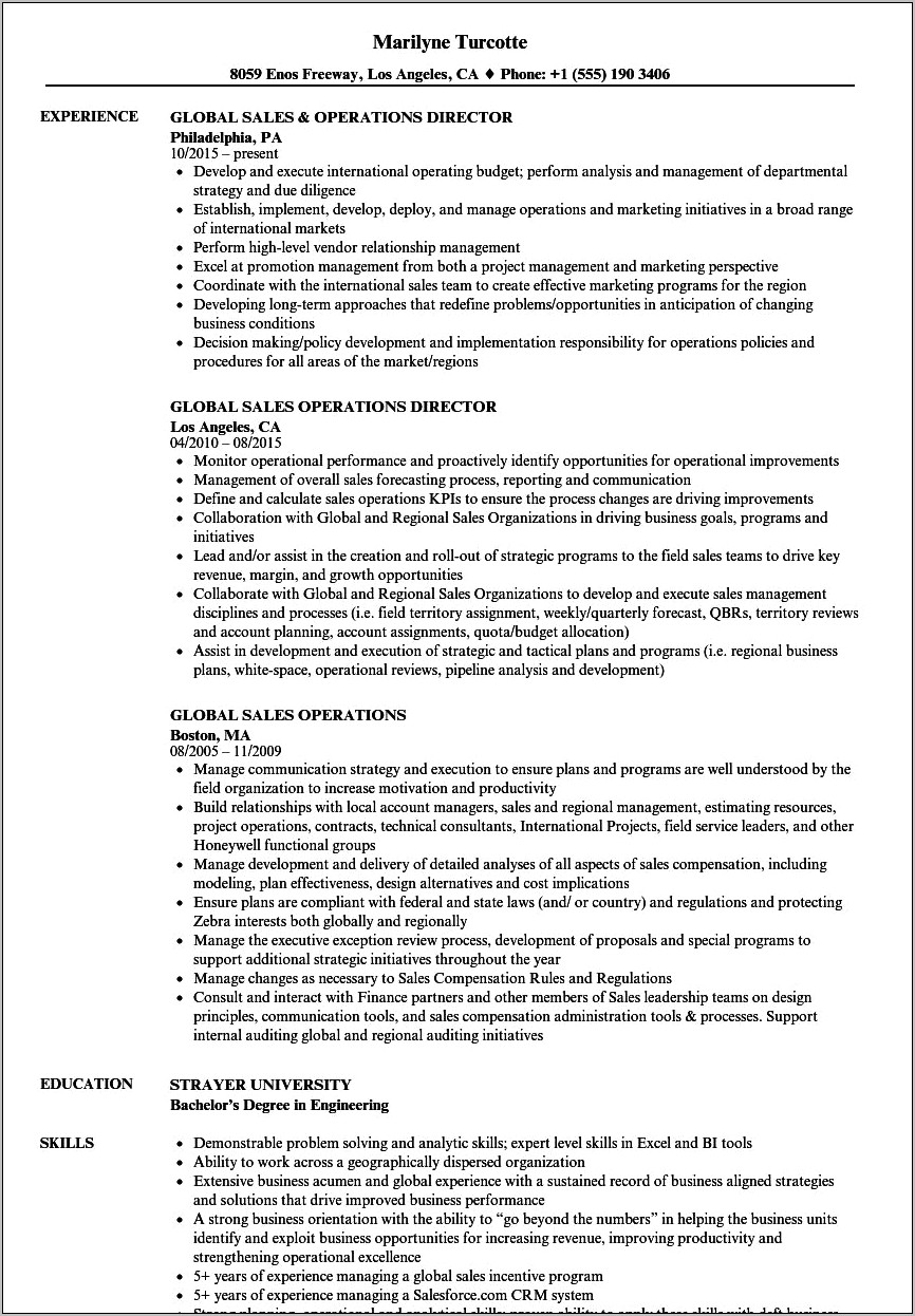 Sales Operations Manager Professional Summary Resume