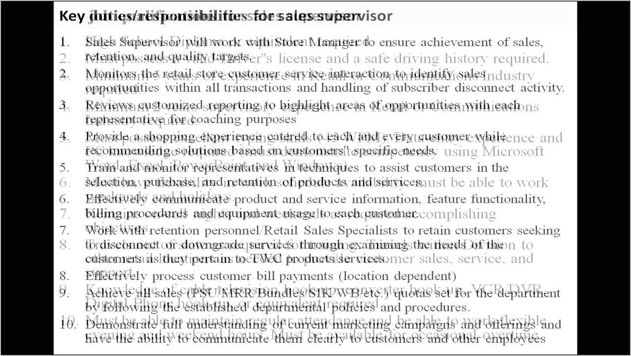 Sales Supervisor Job Description For Resume