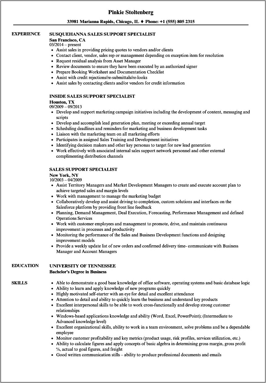Sales Support Specialist Job Description Resume