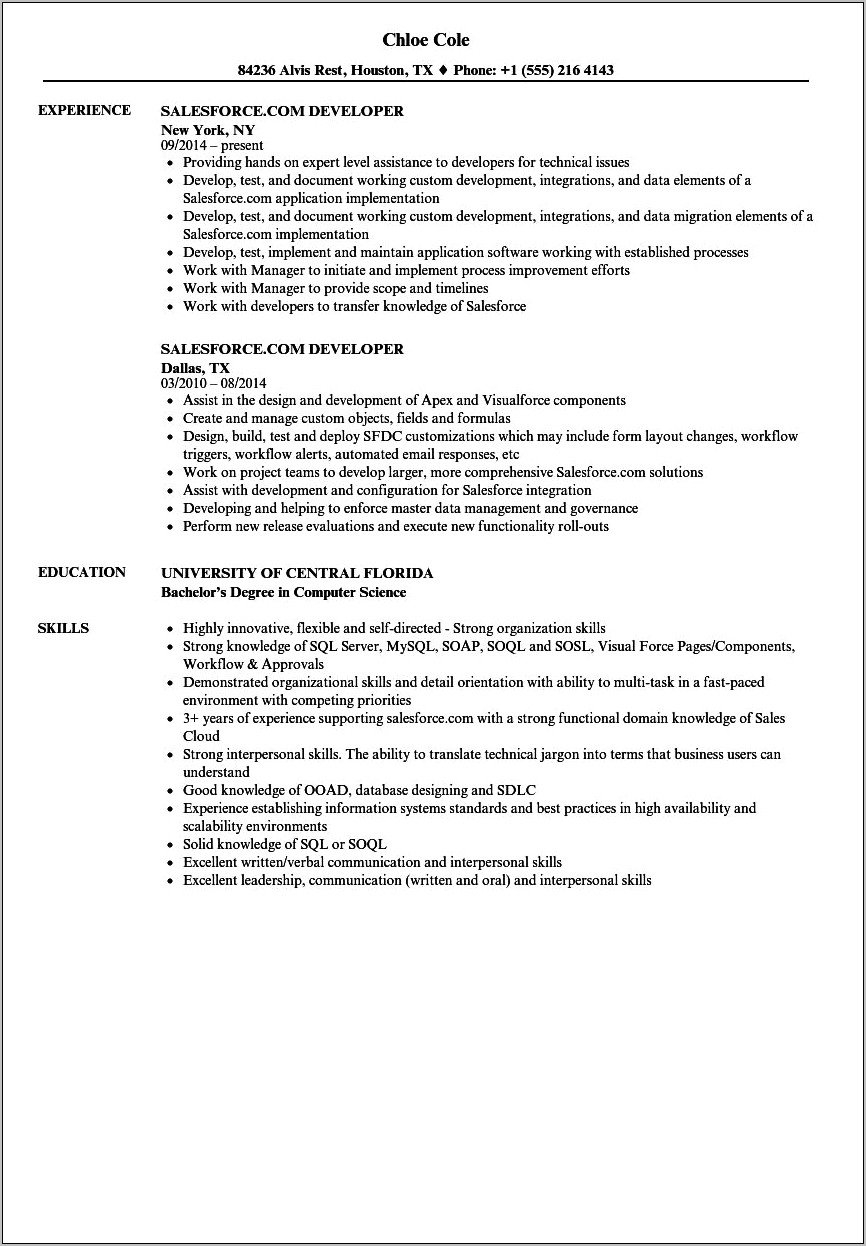 Salesforce Developer Resume With Cast Iron Experience