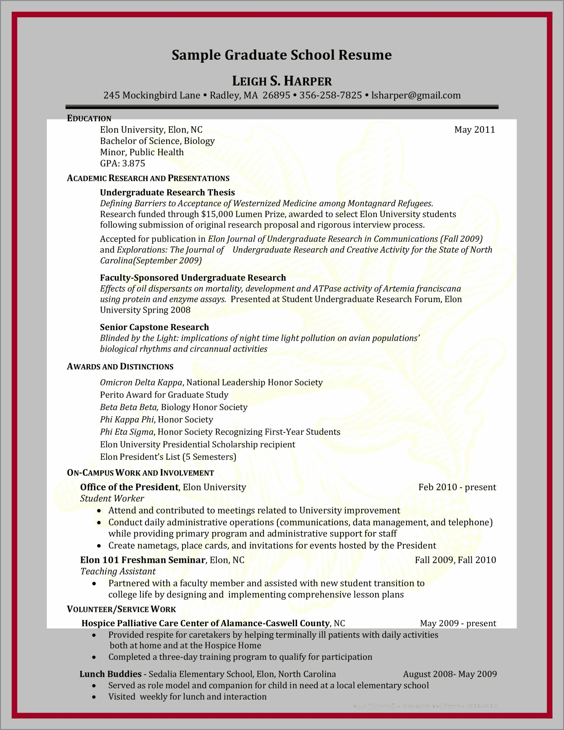 Sample Academic Resume For Graduate School