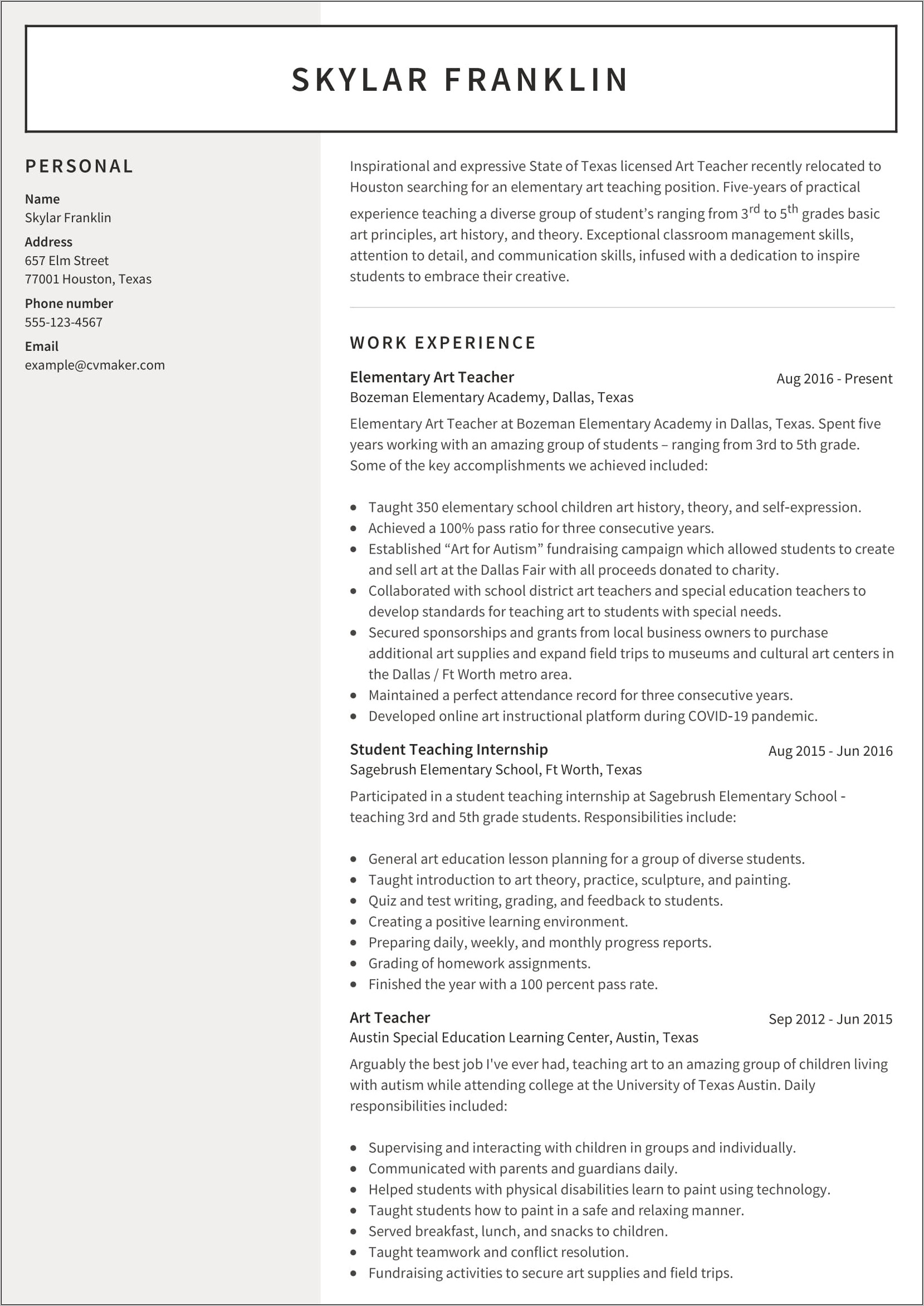 Sample Arts Resume For College Application