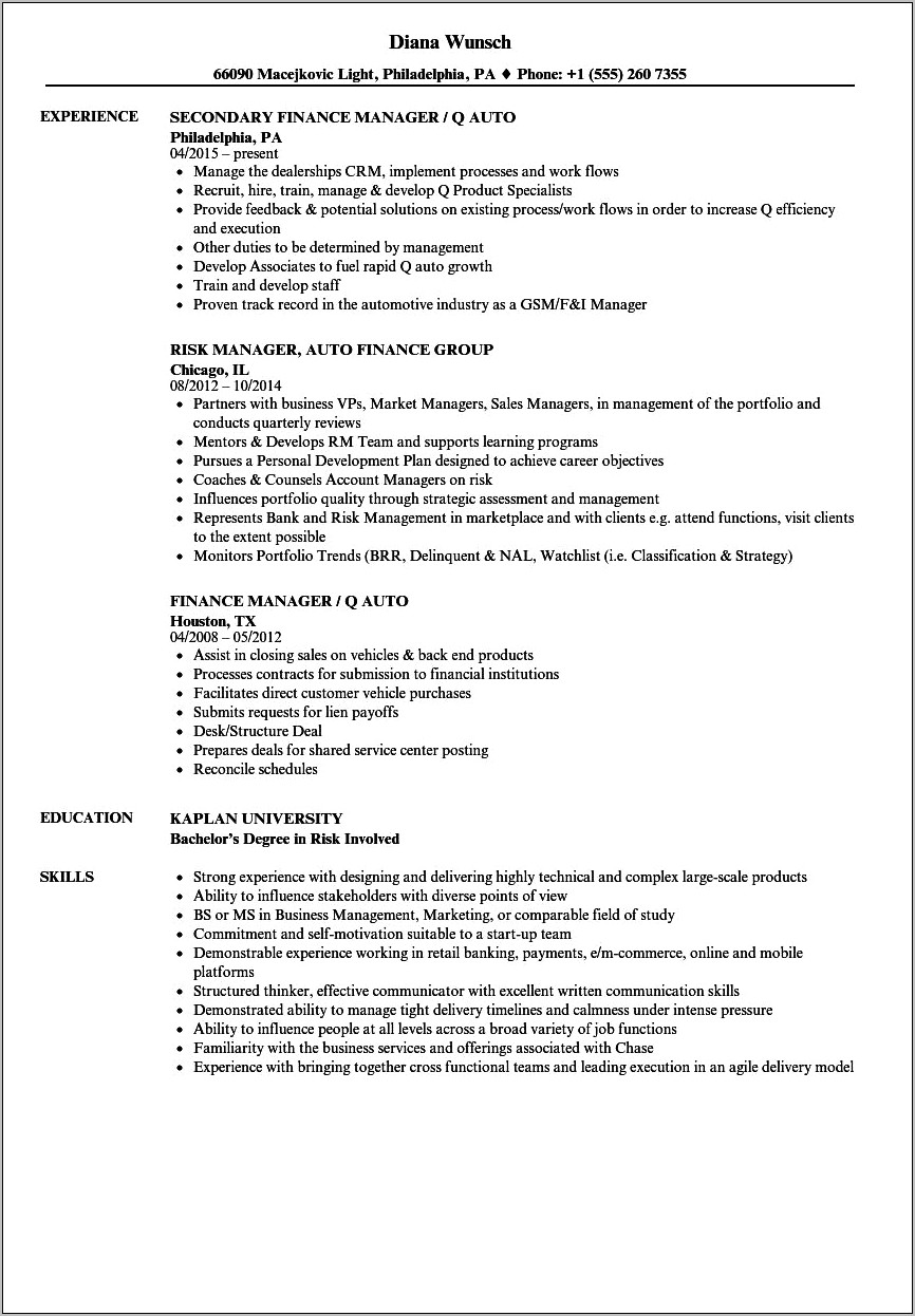 Sample Auto Glass Branch Manager Resume