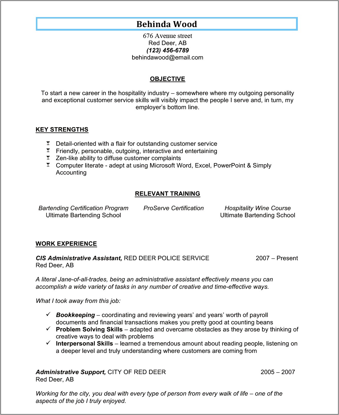 Sample Bartending Resume With No Experience