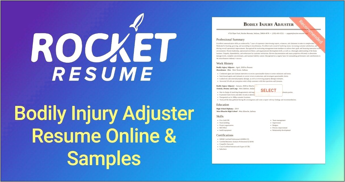 Sample Bodily Injury Claims Adjuster Resume