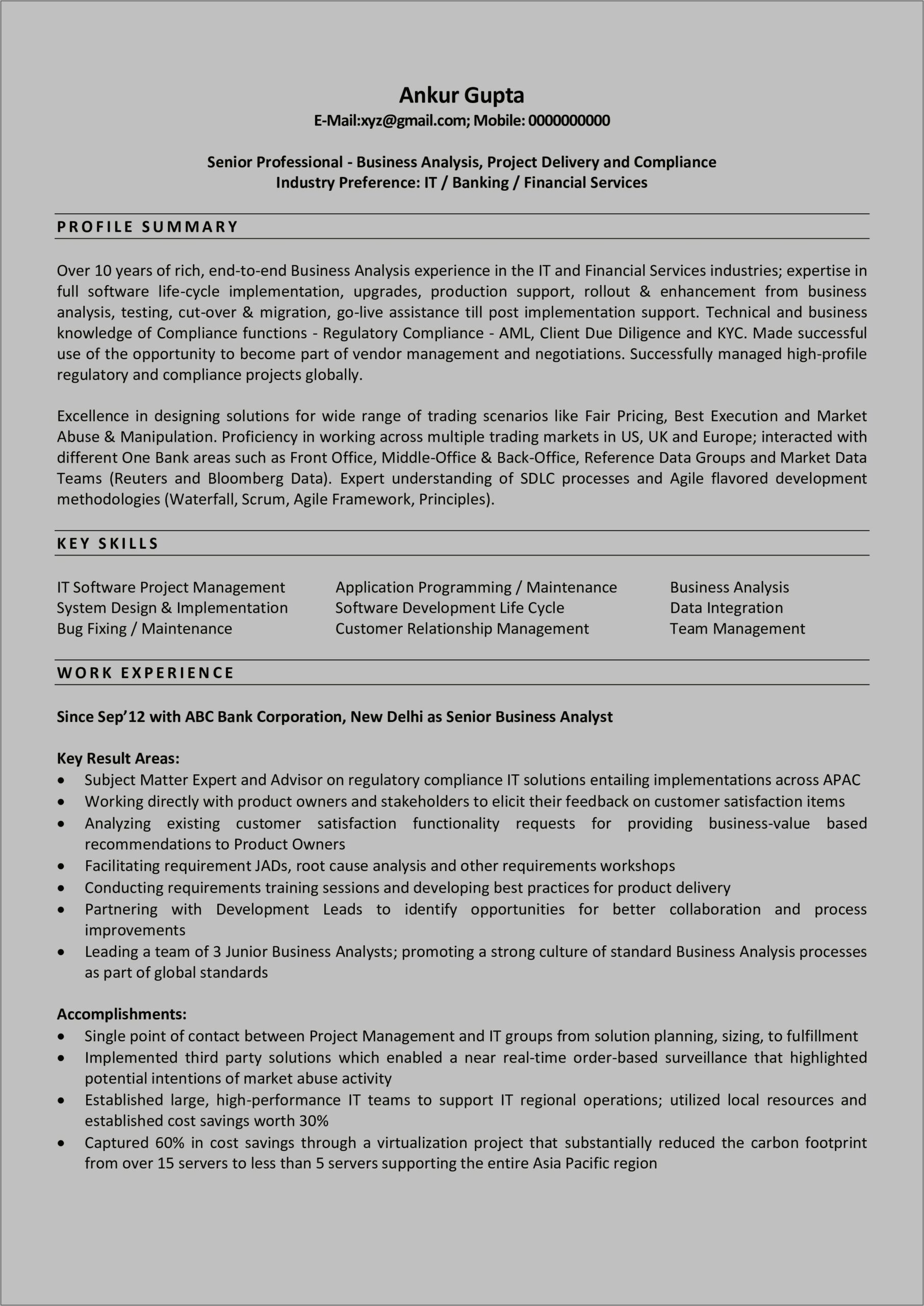 Sample Business Systems Analyst Resume Summary