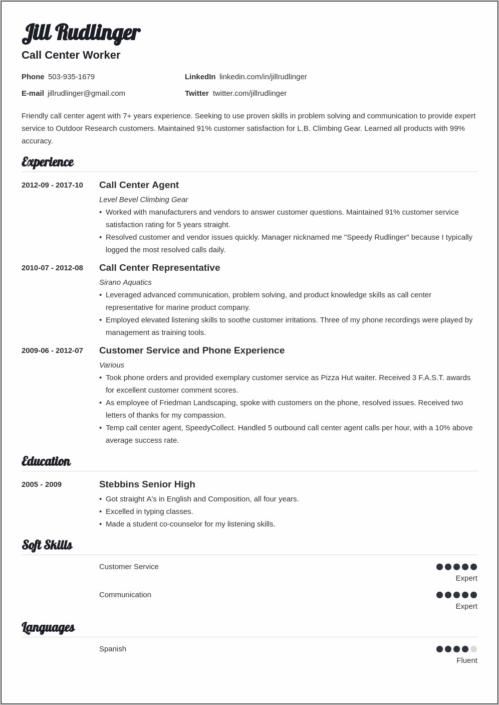 Sample Call Center Resume With Experience