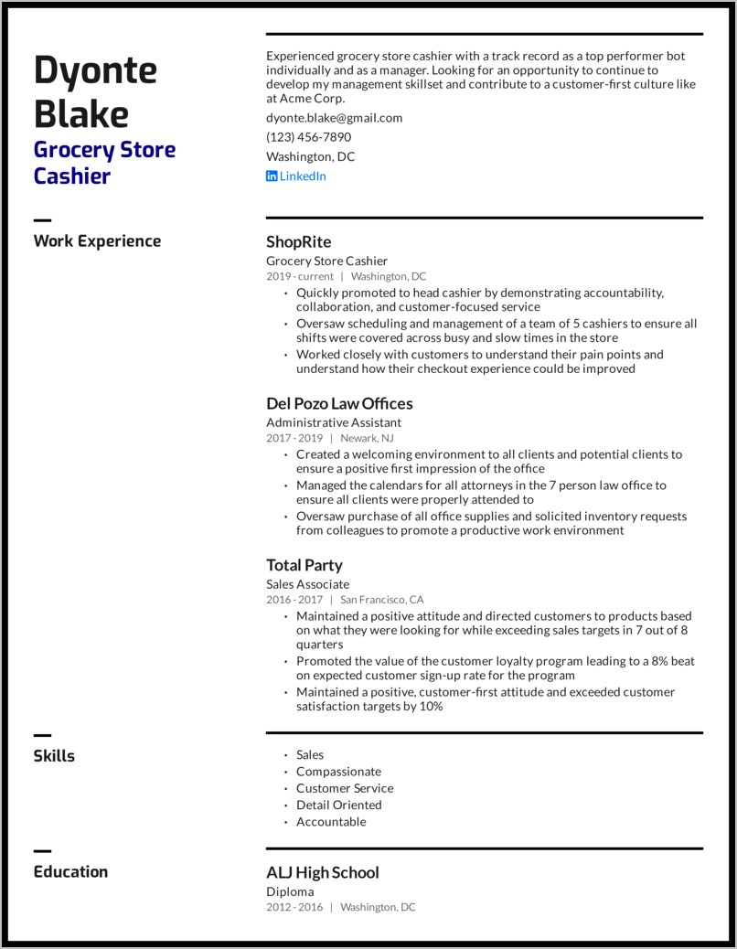 Sample Cashier Resume With No Experience