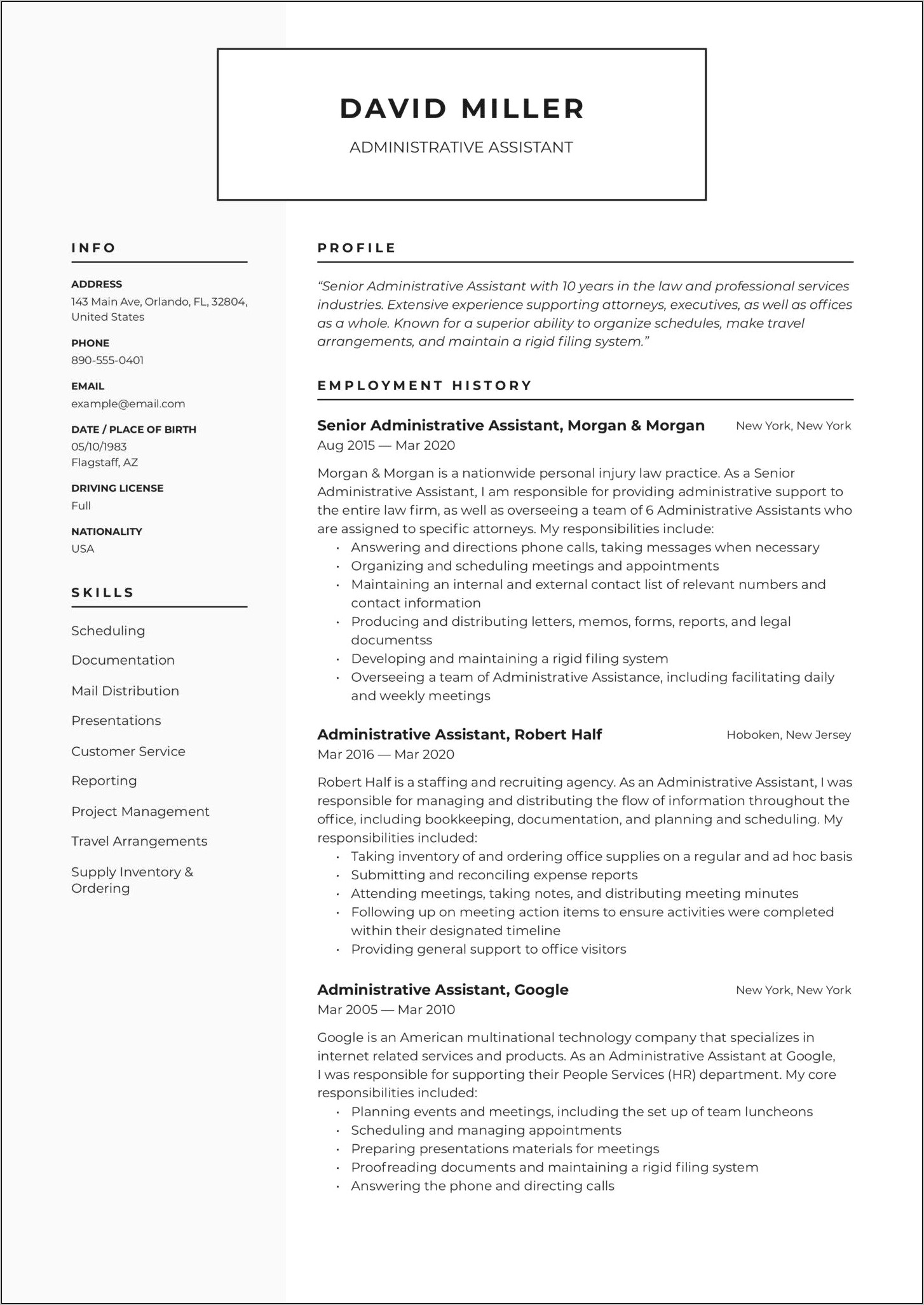 Sample Chronological Resume For Administrative Assistant