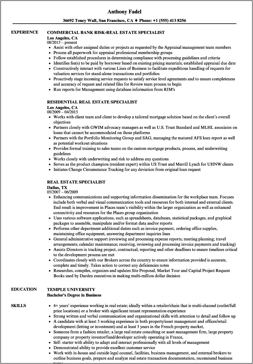 Sample Commercial Real Estate Paralegal Resume