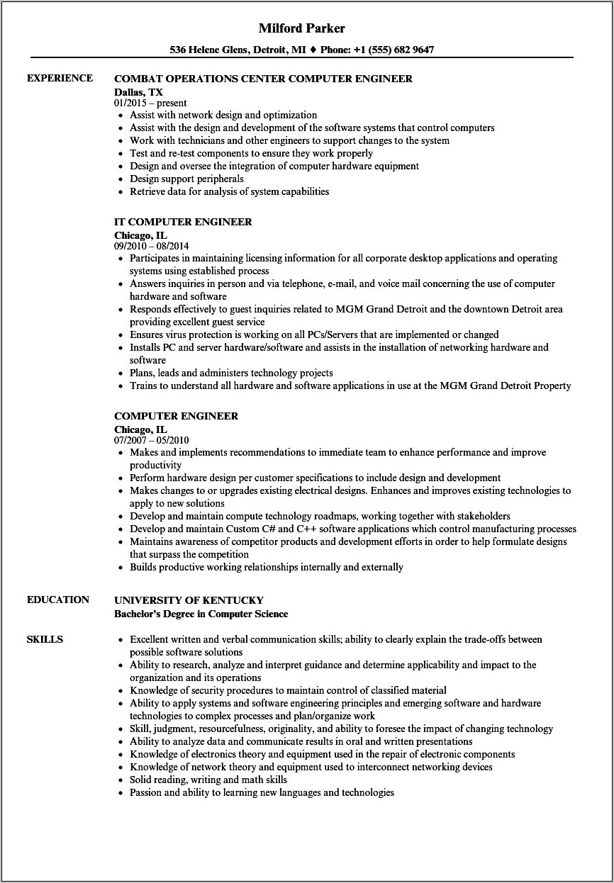 Sample Computer Enginerring Resume Entry Level