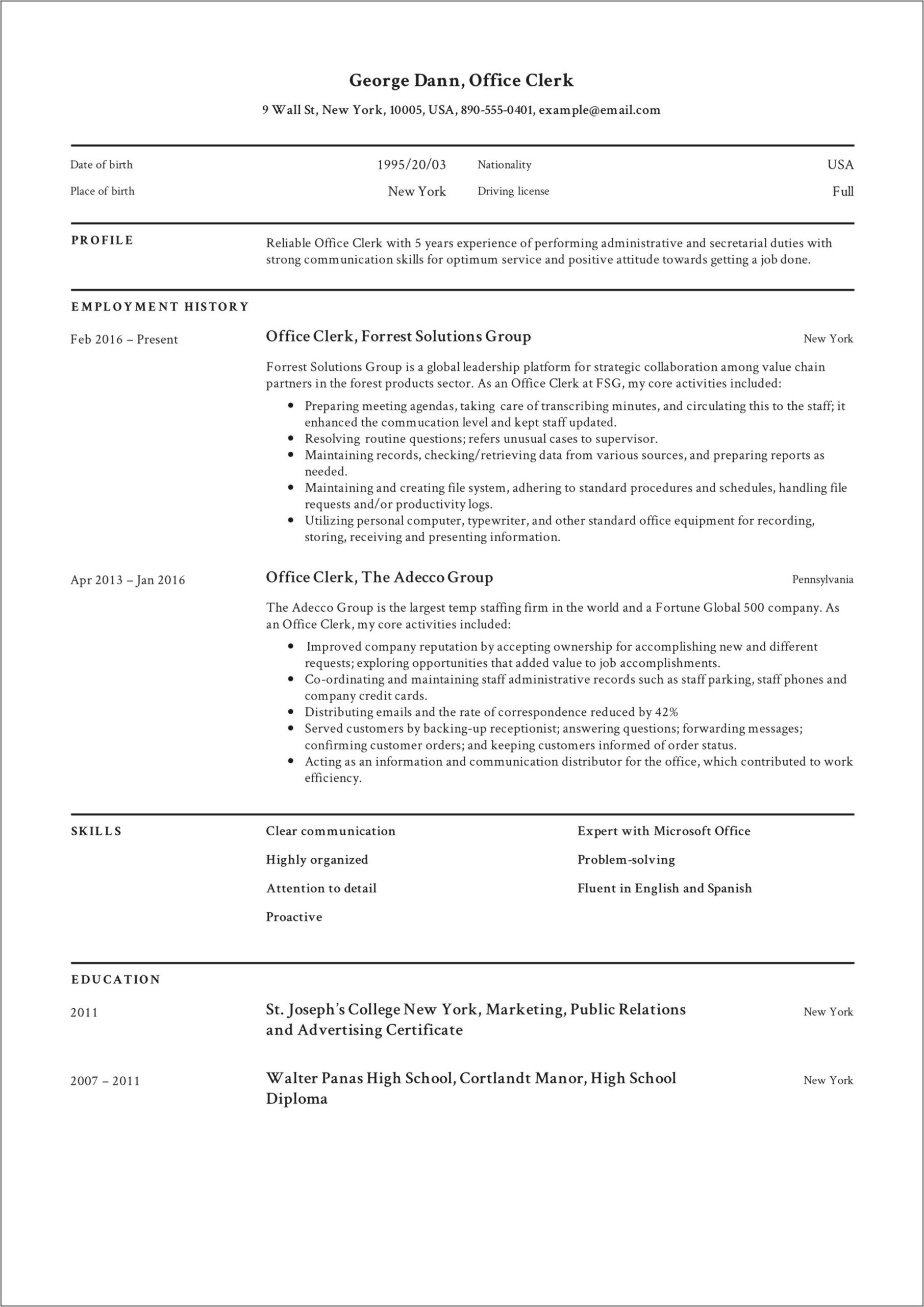 Sample Copies Of A Clerical Resume