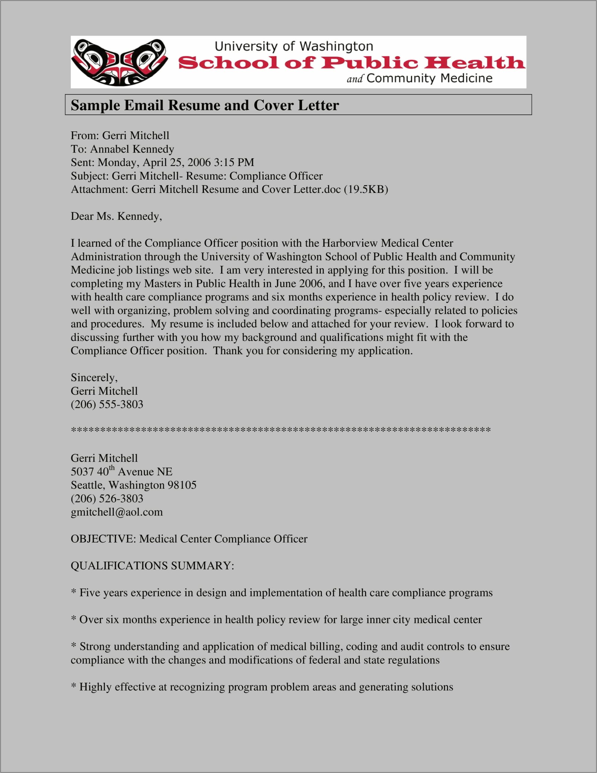Sample Cover Letter And Resume Via Email