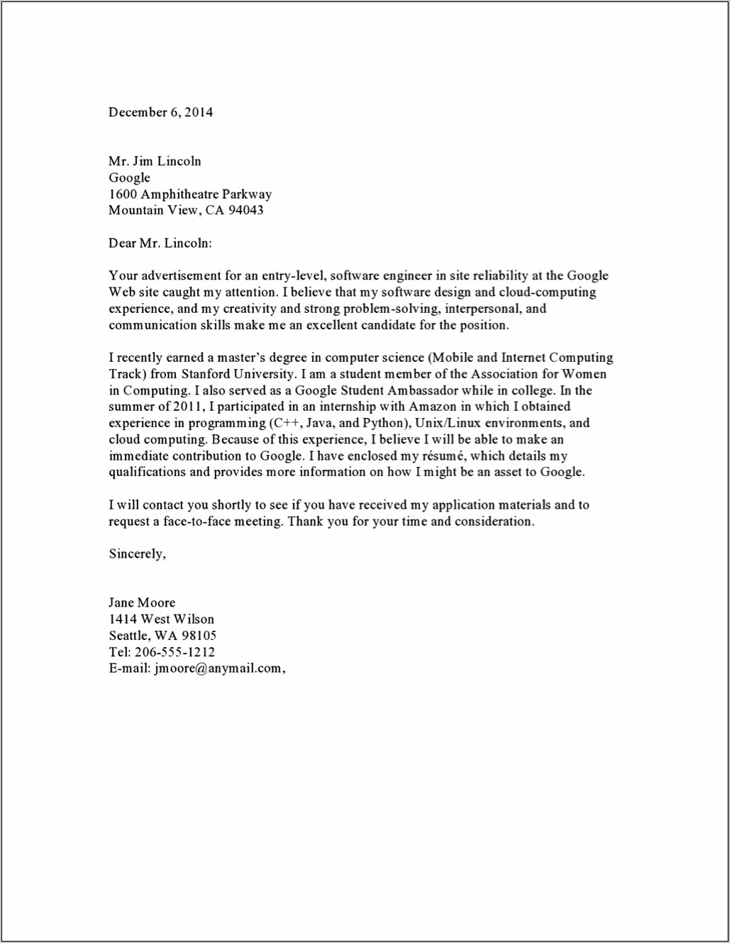Sample Cover Letter For A Resume By Email