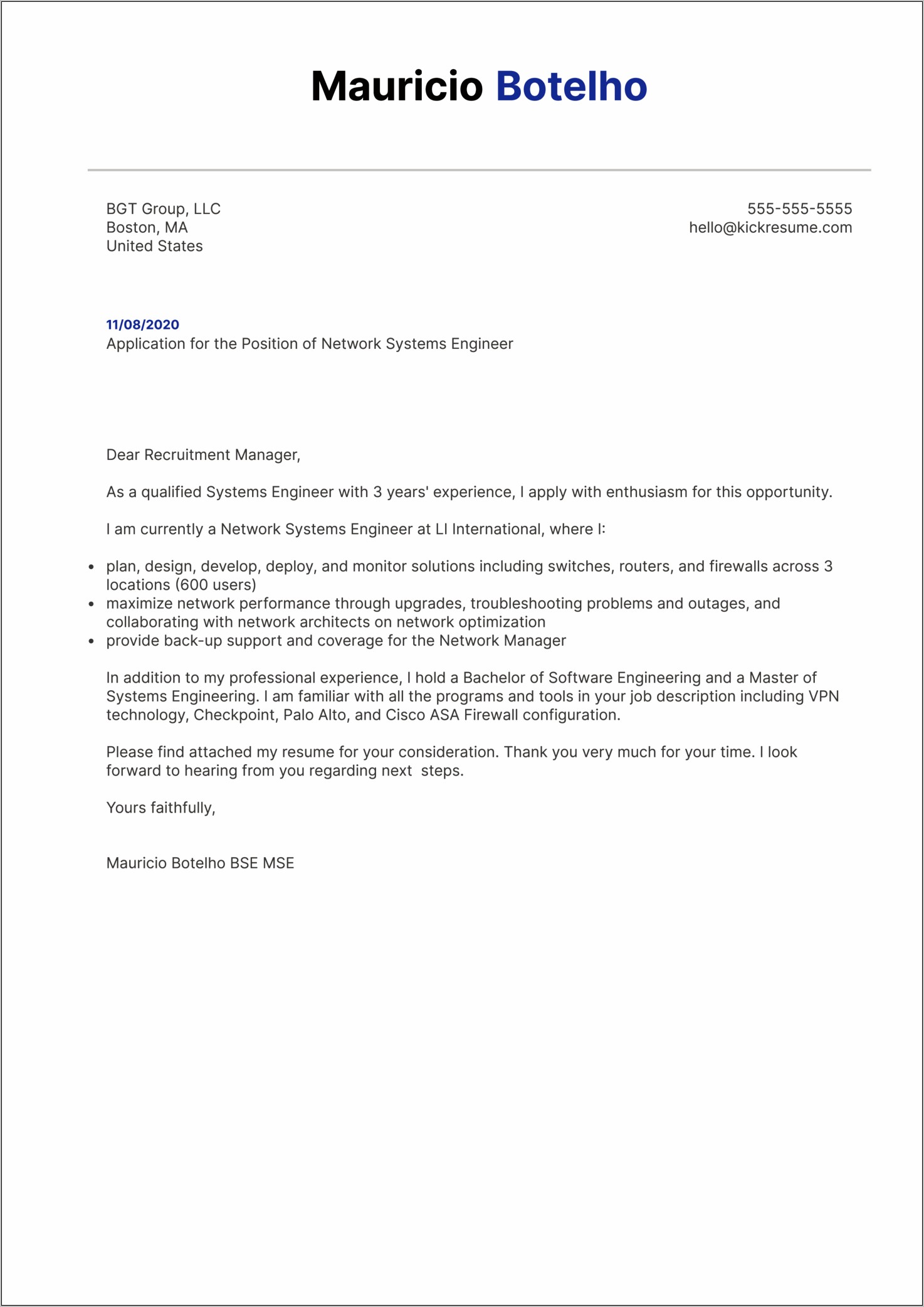 Sample Cover Letter For Network Engineer Resume
