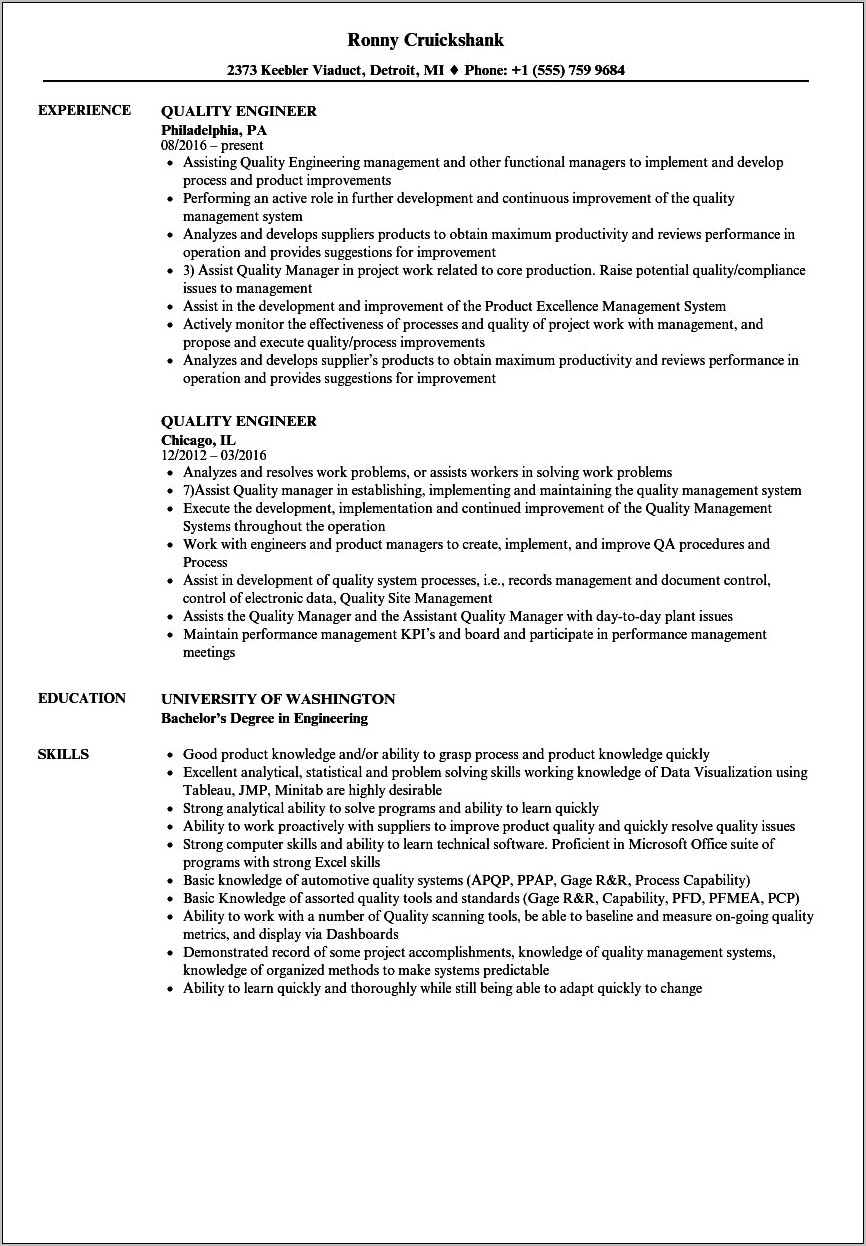 Sample Cover Letter For Quality Engineer Resume