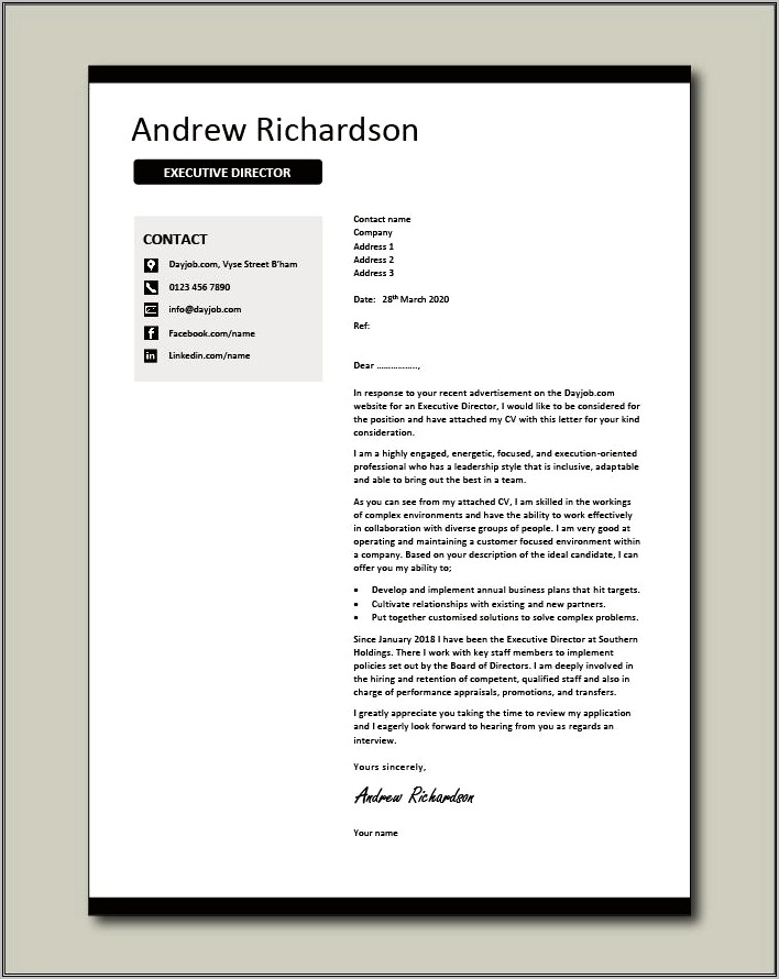 Sample Cover Letter For Resume Executive Director