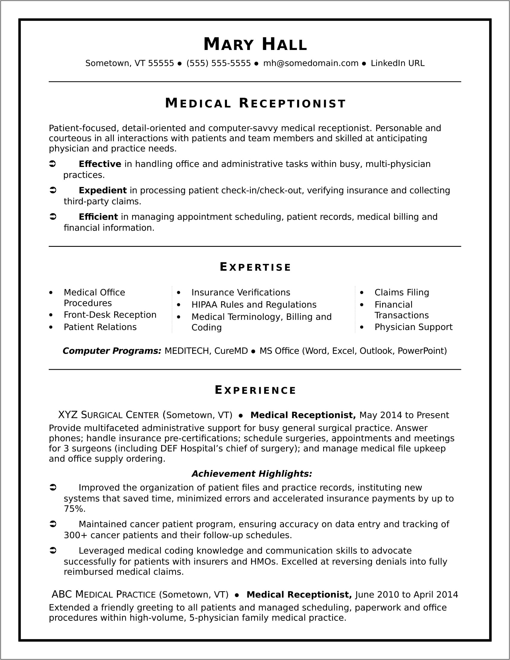 Sample Cover Letter For Resume Medical Receptionist