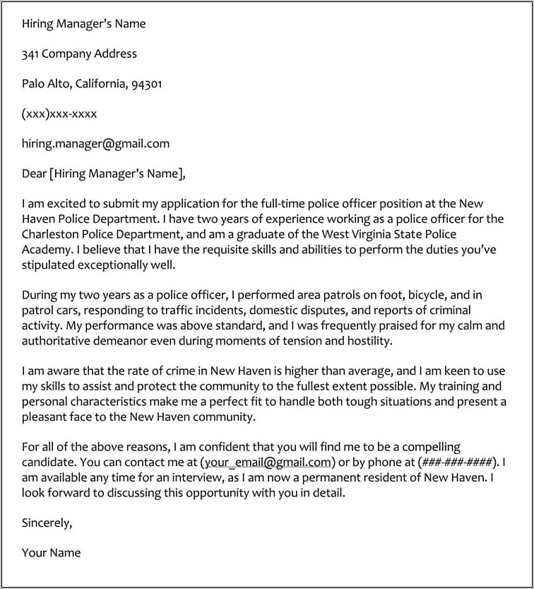 Sample Cover Letter For Resume Police Officer
