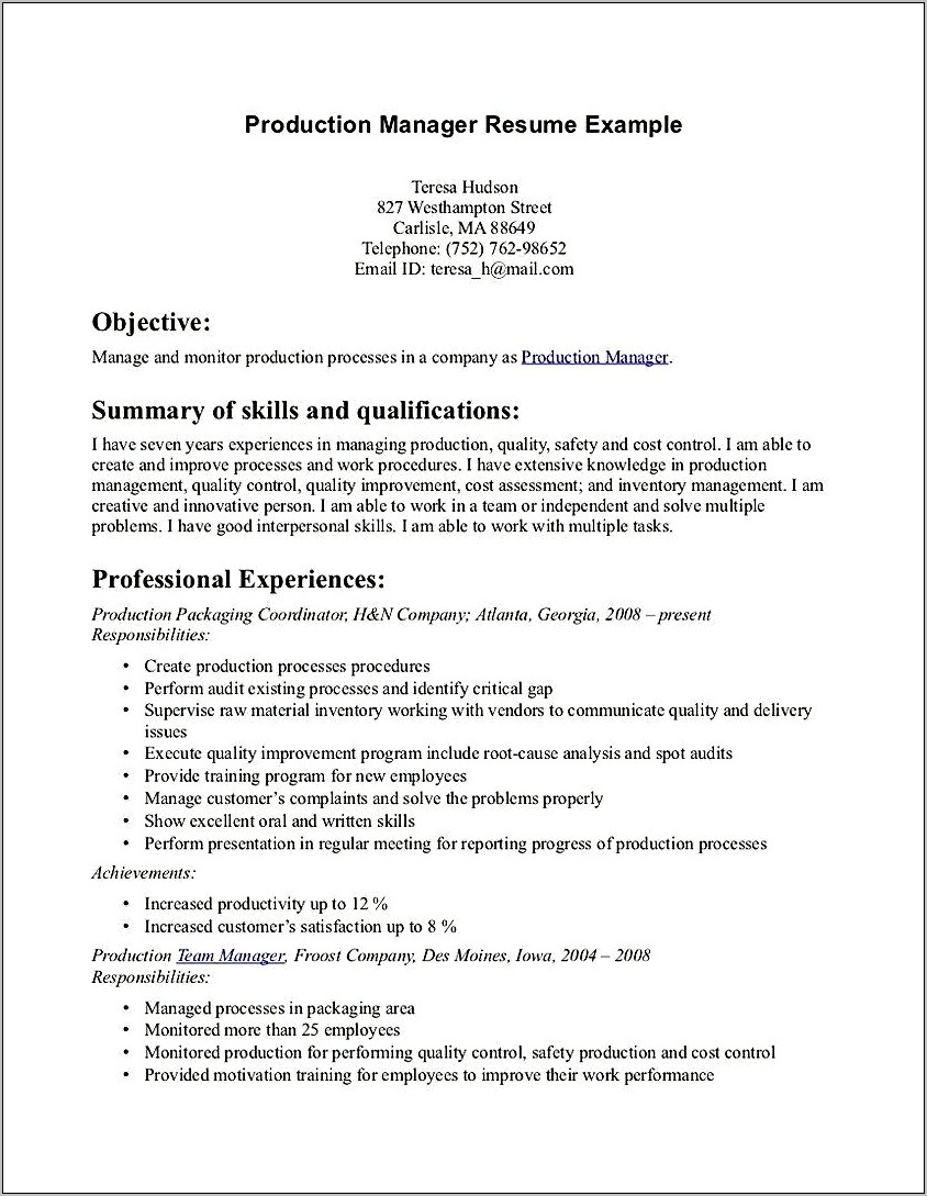 Sample Cover Letter For Resume Production Manager