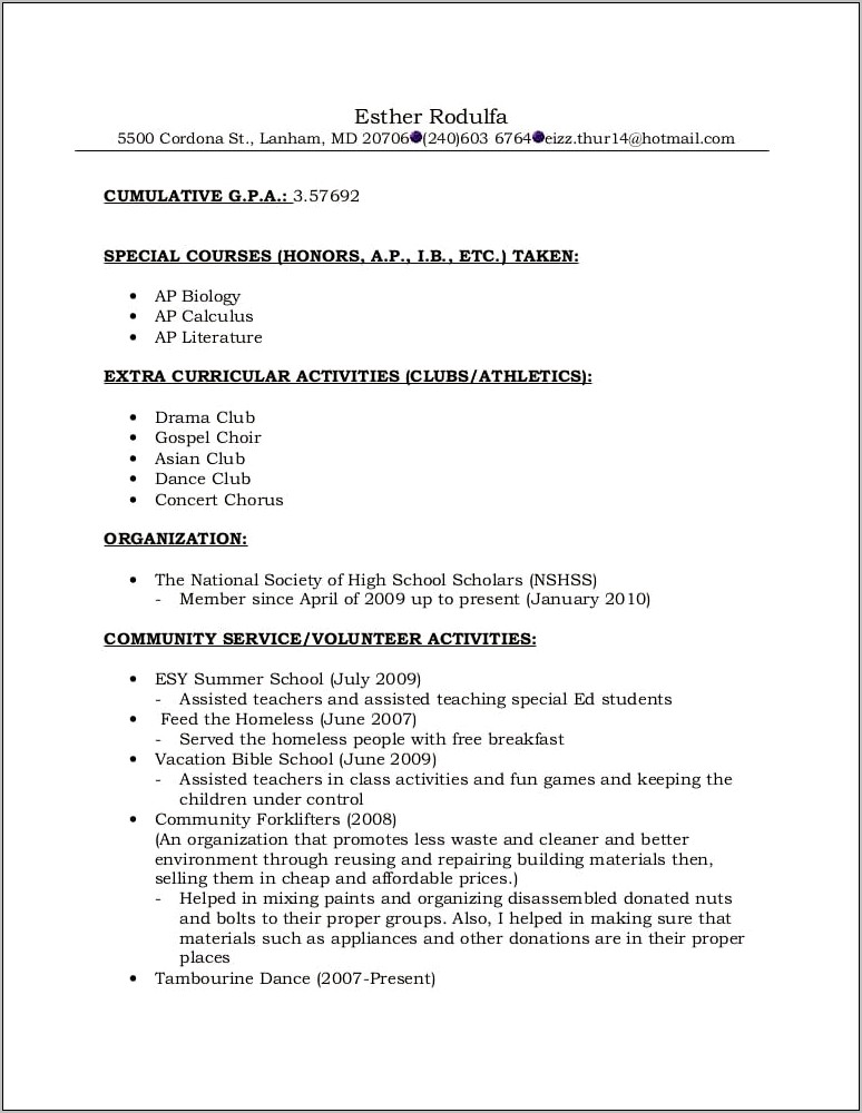 Sample Dance Resume For College Application