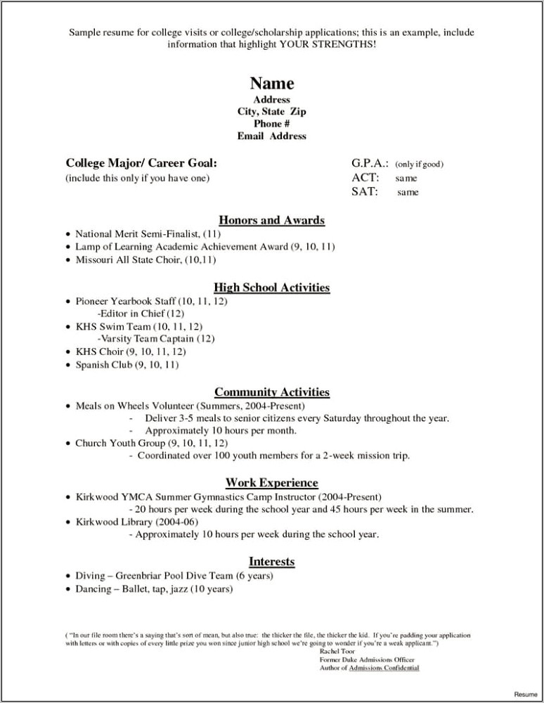 Sample Dance Resume For High School