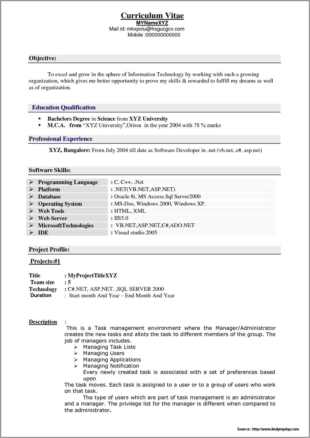 Sample Dot Net Resume For Experienced