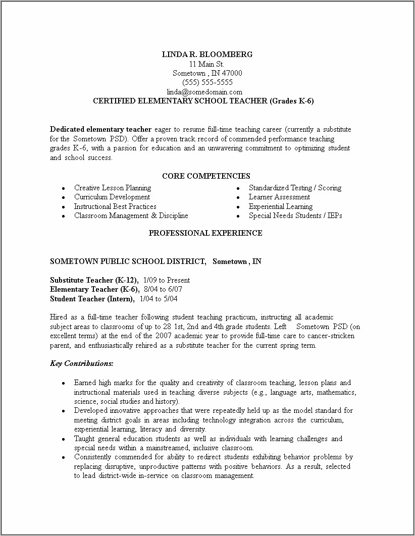Sample Elementary Special Education Teaching Resume
