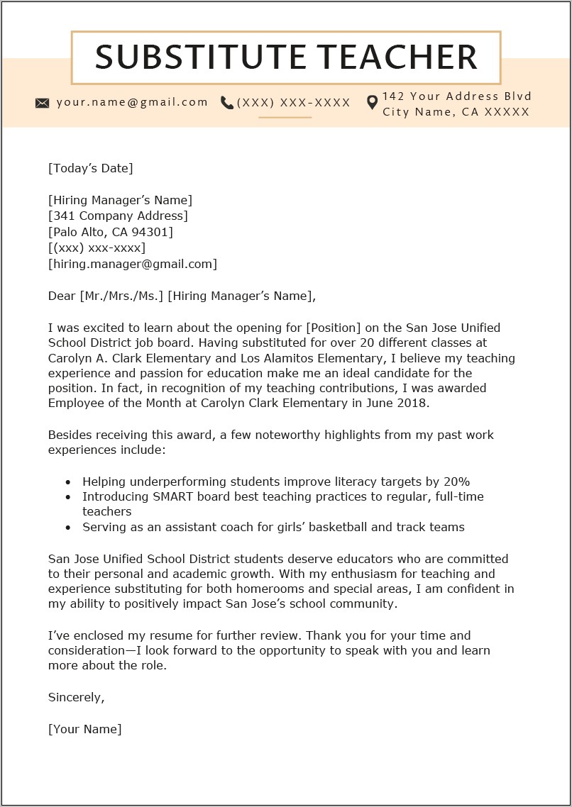 Sample Elementary Teacher Cover Letter For Resume