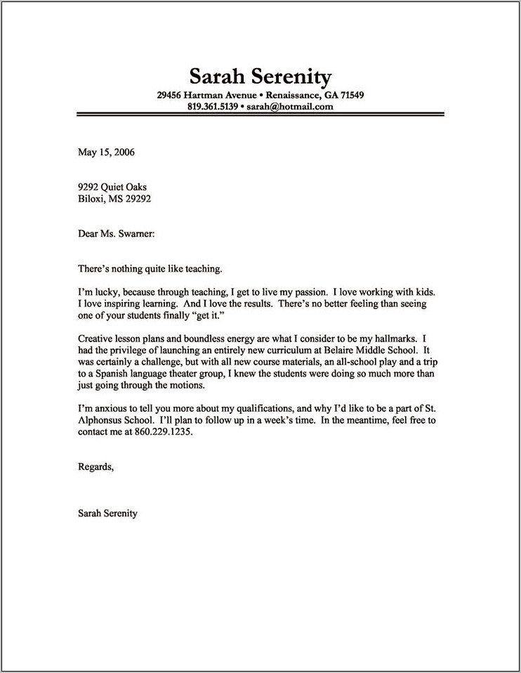 Sample Elementary Teacher Resume Cover Letter
