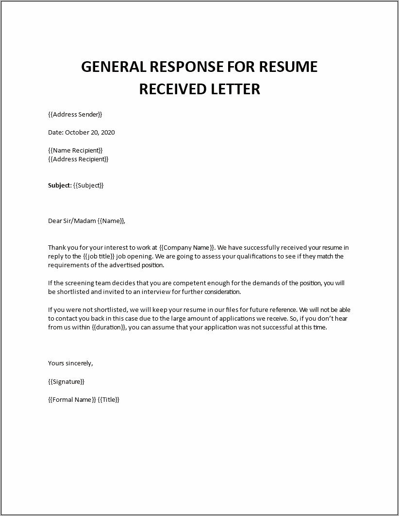 Sample Email Response To Resume Received