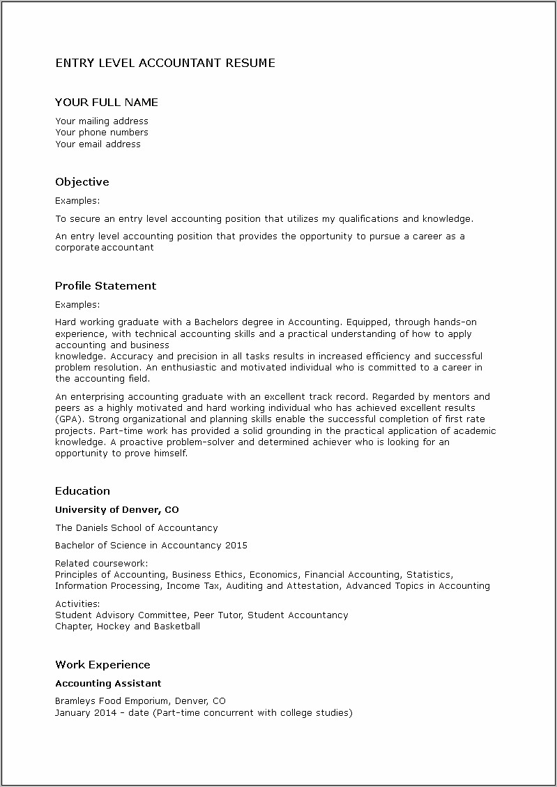 Sample Entry Level Accounting Resume No Experience