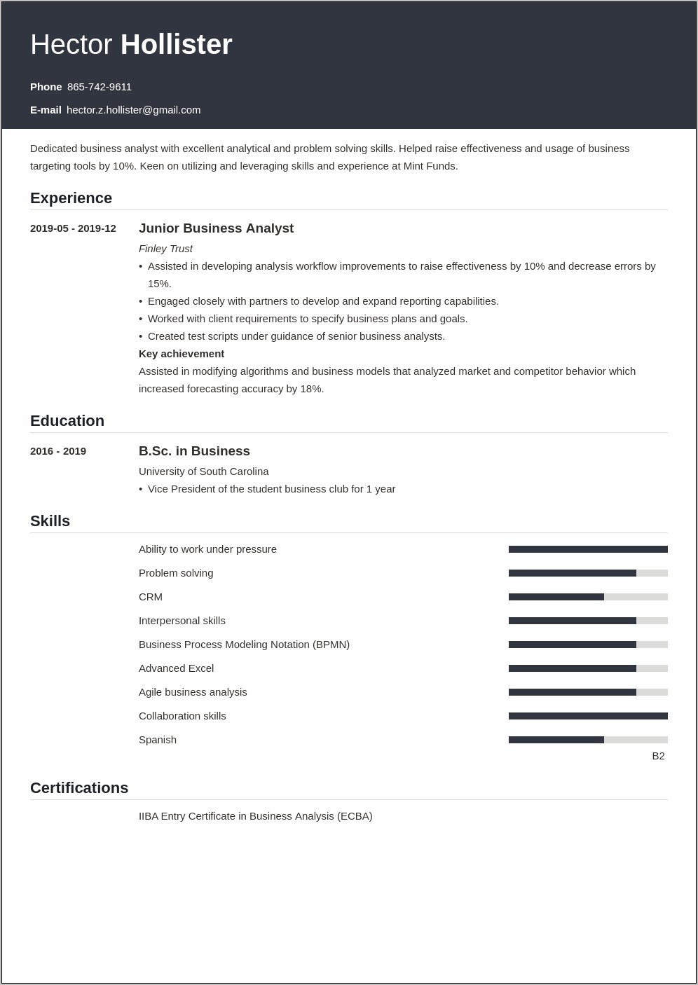 Sample Entry Level Business Analyst Resume