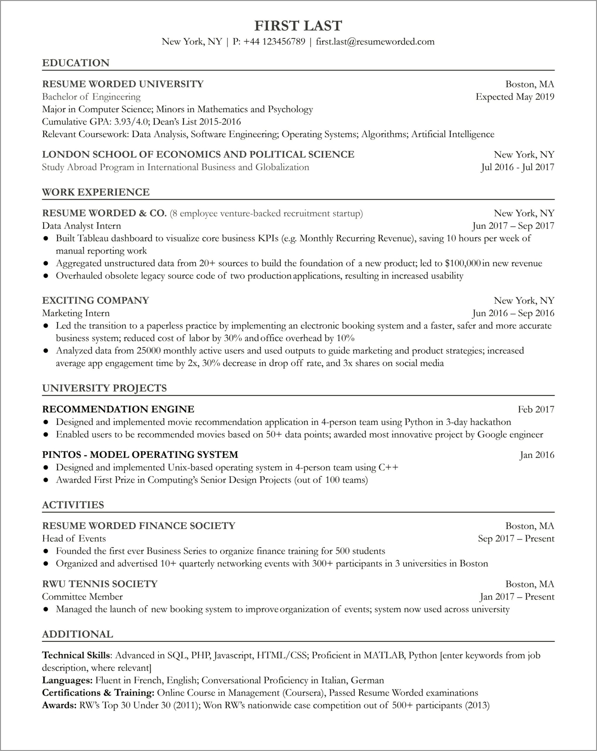 Sample Entry Level Computer Science Resume Recent Graduate