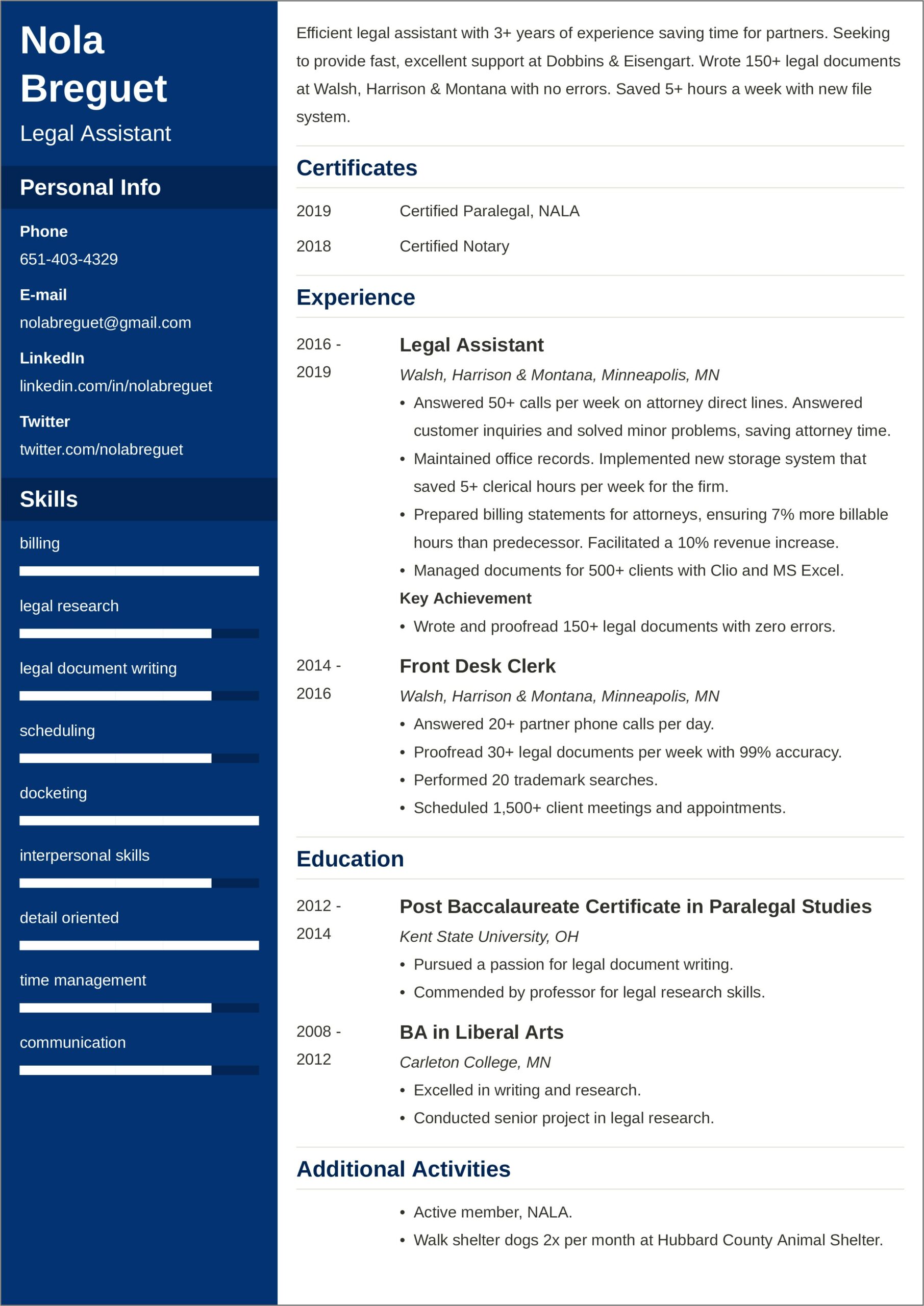 Sample Entry Level Legal Assistant Resume