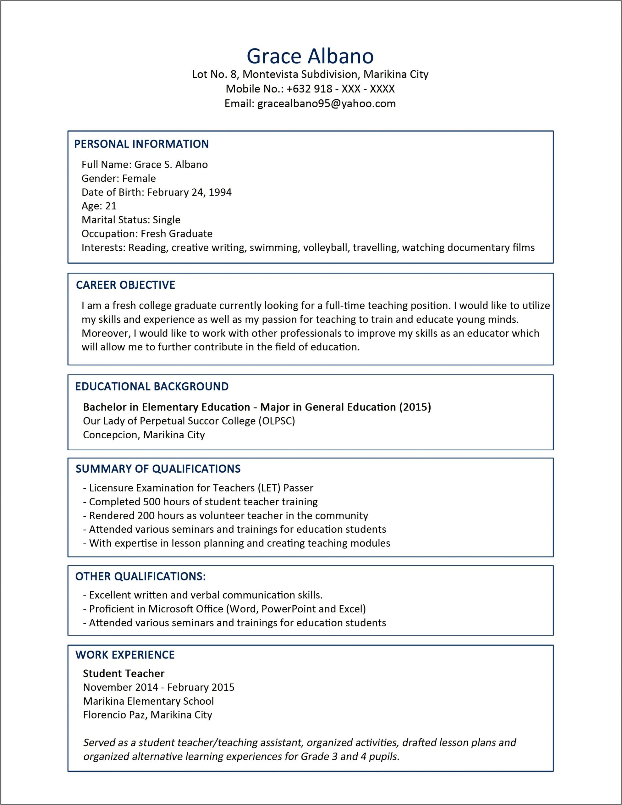 Sample Experience Description Third Grade Education Resume