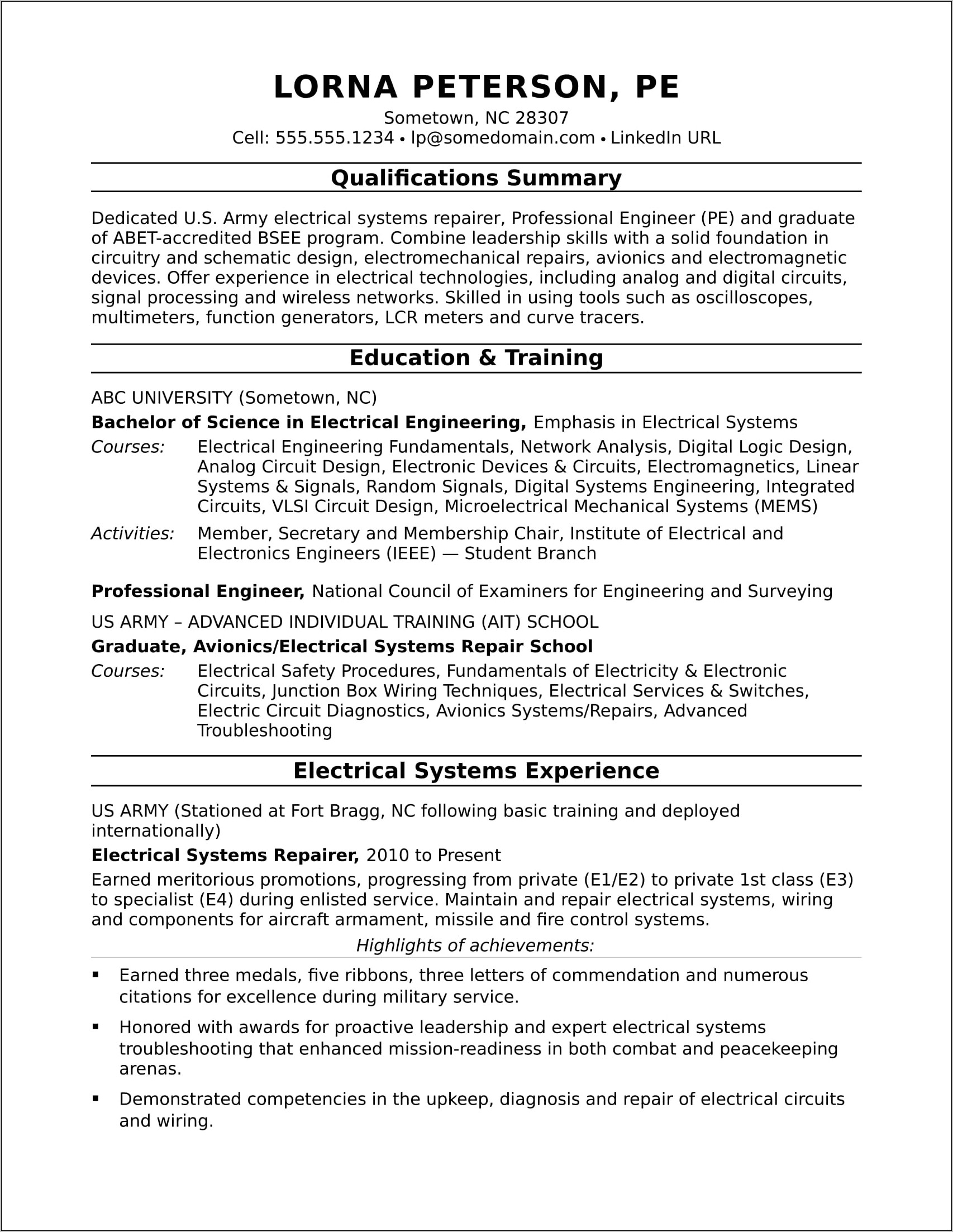 Sample Experience Summary In Resume For Engineer