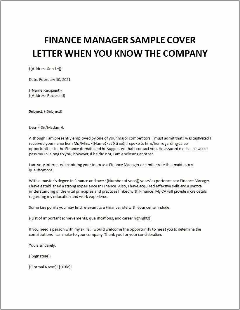 Sample Financial Cover Letter For Resume