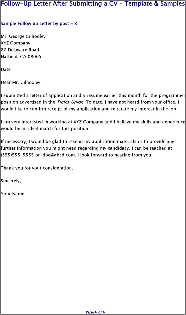 Sample Follow Up Letter To Resume Submission