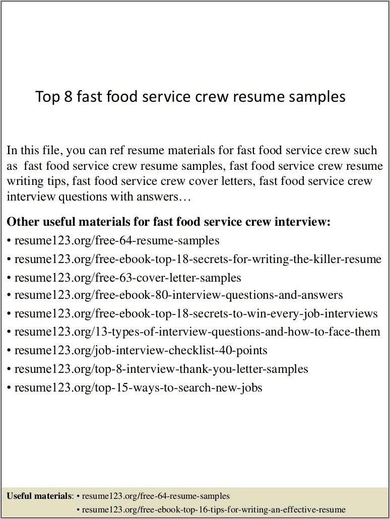 Sample For Resume Whem Applying For Fast Food