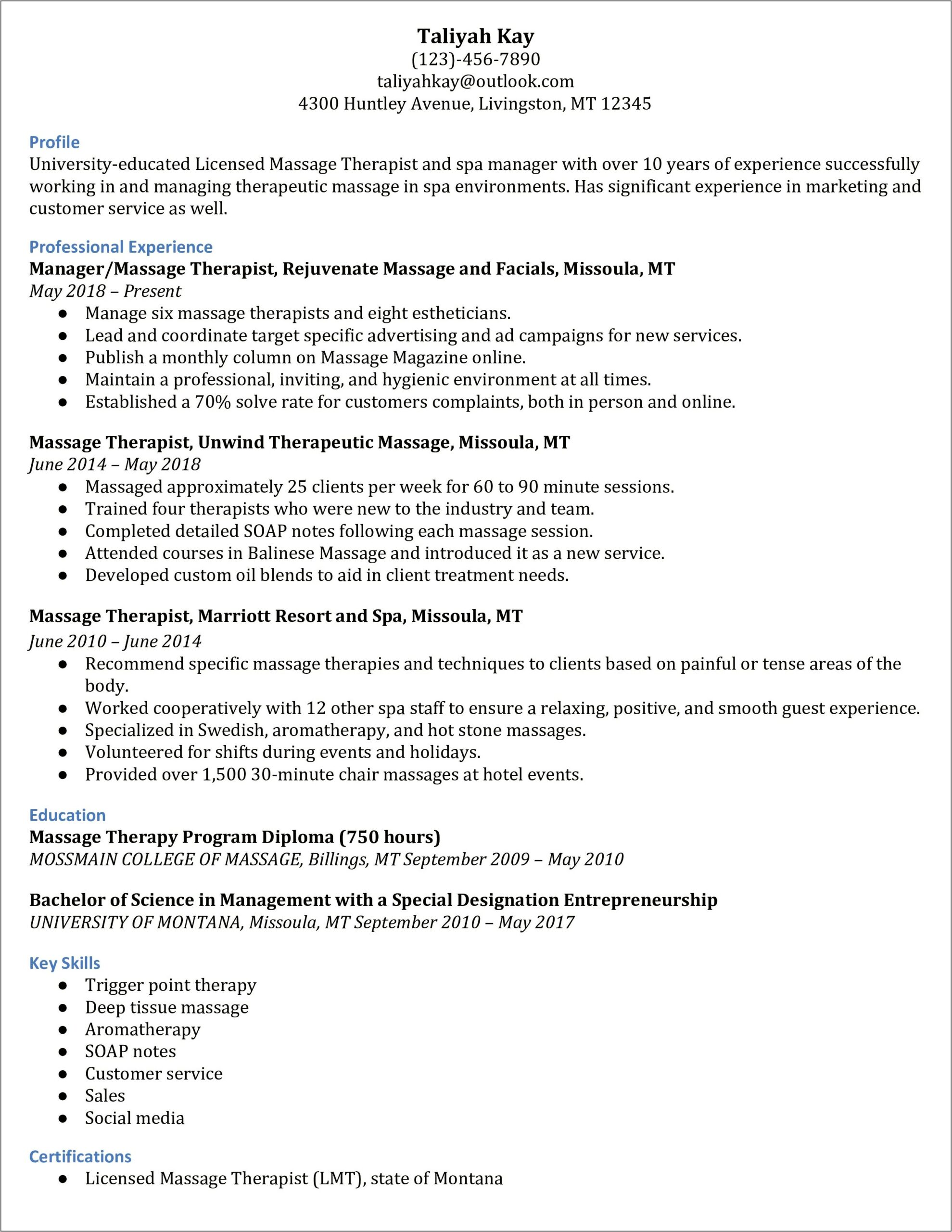 Sample Functional Resume For Massage Therapist