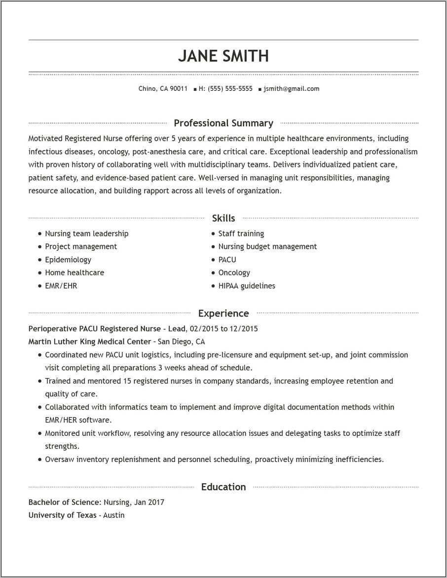 Sample Functional Resume Post Nursinf School