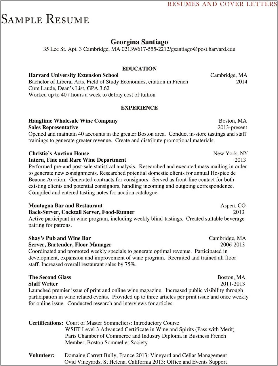 Sample Harvard Undergraduate Senior Resume Word