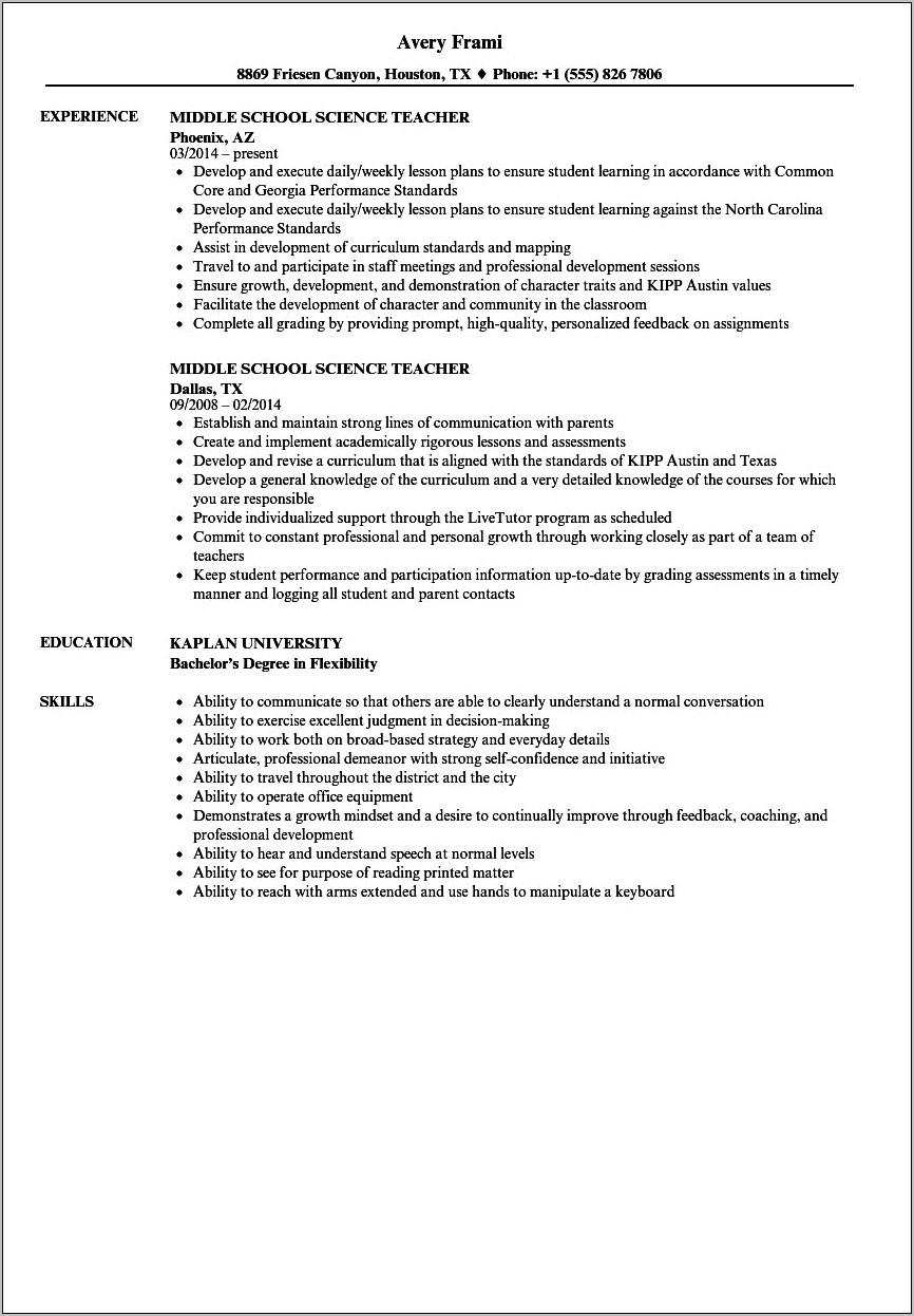 Sample High School Resume For Teachers