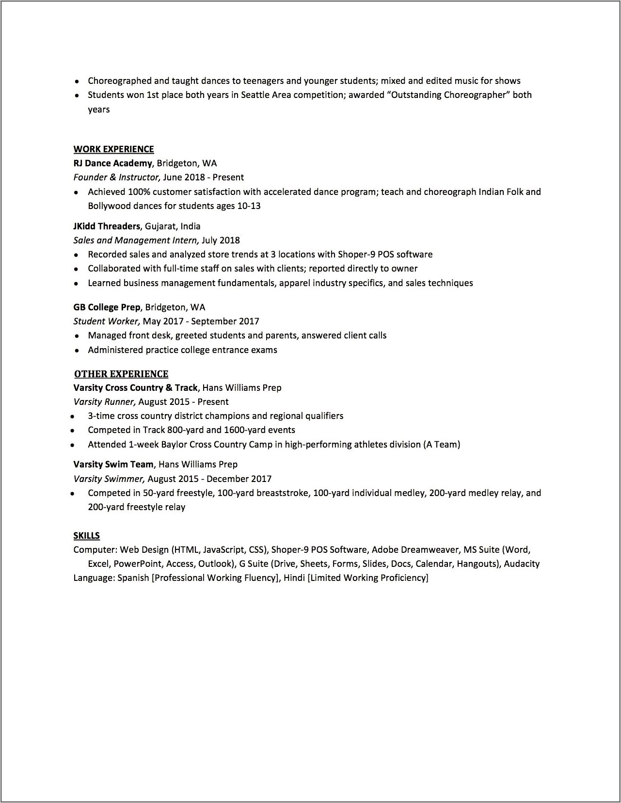 Sample High School Resume With Work Experience
