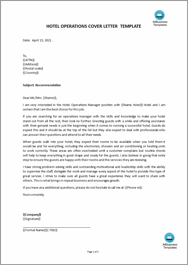 Sample Hotel Sales Manager Resume Cover Letter