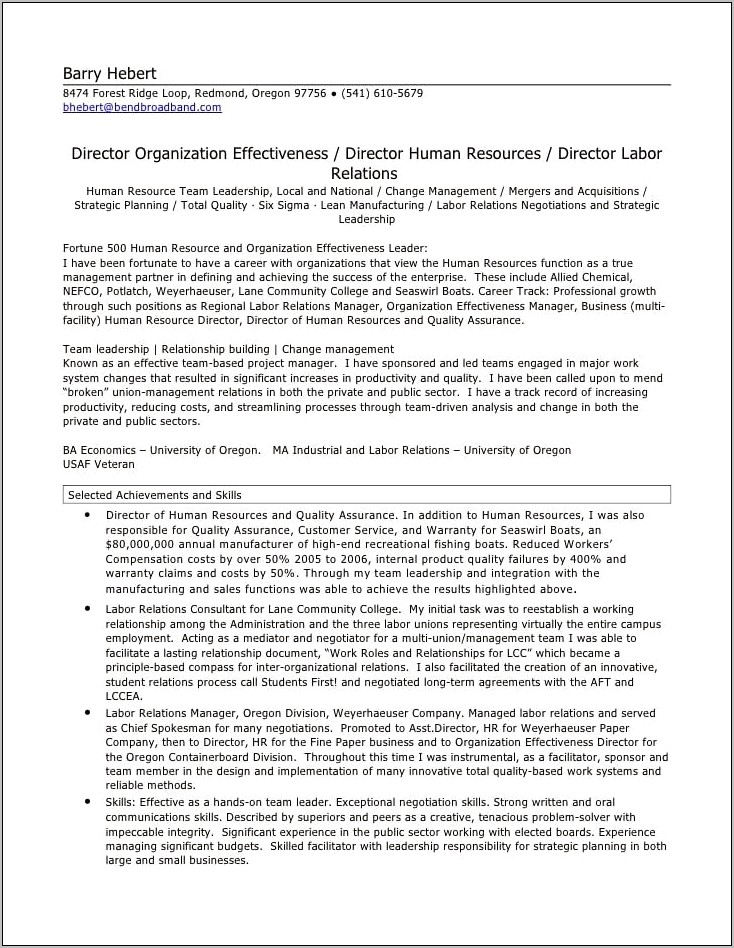 Sample Hr Manager Resume Employee Relations
