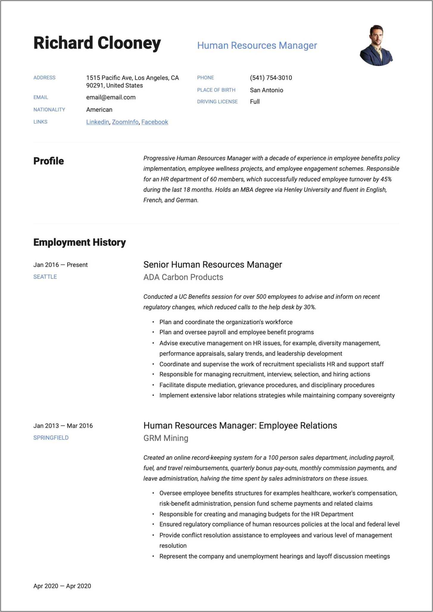 Sample Hr Resume With Union Experience